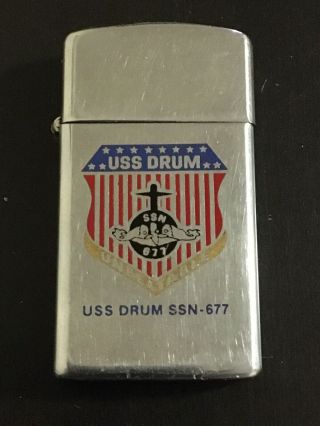 1980 Slim Zippo Advertising Lighter Us Navy Uss Drum Ssn - 677