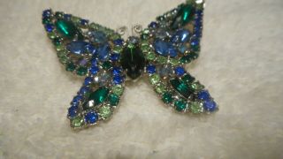 Vintage Weiss Rhinestone Signed Butterfly Brooch Green & Blue Stones