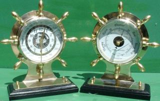 Royal Mariner Ships Wheel Agate Clock & Aneroid Barometer Weather Station