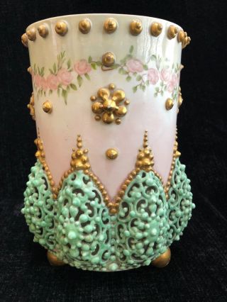 Antique Ktk Lotus Ware Tuscan Vase W/filigree Ribbing & Handprinted Design
