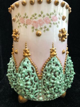 Antique KTK Lotus Ware Tuscan Vase w/Filigree Ribbing & Handprinted Design 3