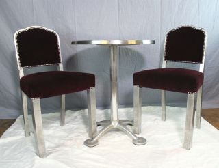 Spain Cafe Set Table 2 Red Velvet Chairs Steel Industrial Modern Coffee Vintage
