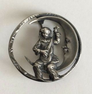 Vintage Sterling Silver Brooch / Pin With Musician & Moon.  Detail