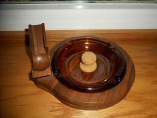 Vintage Decatur Industries Walnut Pipe Ashtray With Pipe Holder -