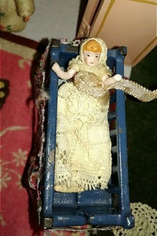 Antique Dollhouse Porcelain Bisque Baby Doll Crochet Lace Christening Gown Dress