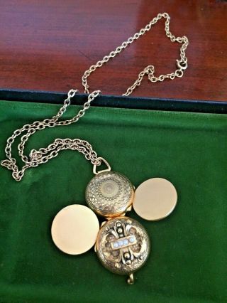 Vintage Locket 4 Picture Popout Photo Etched Pendant W Seed Pearls 24 " Necklace