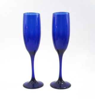 Vintage Set Of 2 Libbey Cobalt Blue Champagne Flutes Glasses 8 3/4” Tall