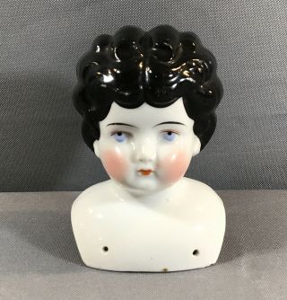 Vintage Porcelain Doll Head Black Hair Blue Eyes Very Rosy Cheecks Marked 6