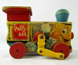 Vintage Fisher Price 444 Puffy Engine Pull Toy 1951 Wooden Choo Choo Train