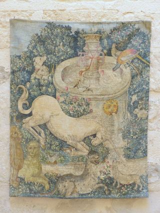 Vintage French Aubusson Tapestry Medieval Scenery 34 " X 27 " (85x68cm) Fontain