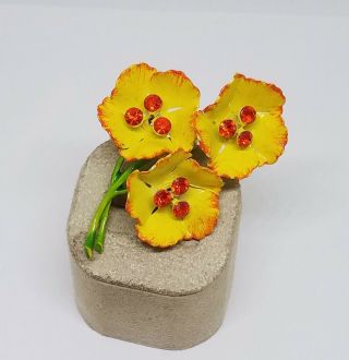 Vintage Estate Orange Yellow Metal Enamel Flower Rhinestone Brooch Pin