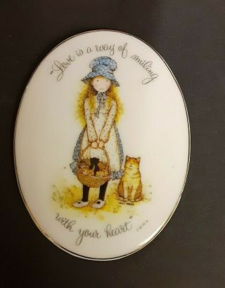 Vintage Holly Hobbie Ceramic Oval Plaque Love Is Blue Bonnet Girl 4 Inch 1973