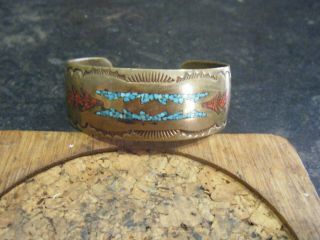 Vintage Henry Baca Navajo Cuff Bracelet Sterling Silver Turquoise Red Coral