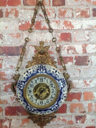 Antique French Cartel Wall Skeleton Clock Large And Unusual Porcelain & Ormolu