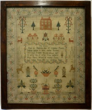 Early 19th Century Red House,  Motif & Verse Sampler Initialled A.  S - 1802