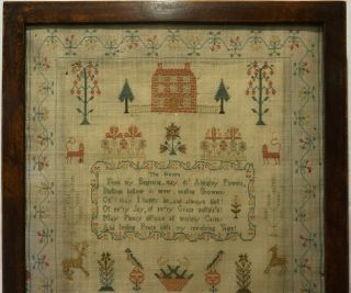EARLY 19TH CENTURY RED HOUSE,  MOTIF & VERSE SAMPLER INITIALLED A.  S - 1802 2