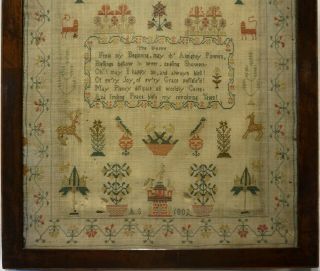 EARLY 19TH CENTURY RED HOUSE,  MOTIF & VERSE SAMPLER INITIALLED A.  S - 1802 3
