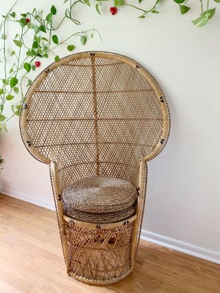 Vintage Wicker Peacock Rattan Chair Boho Large Fan Back Cushions