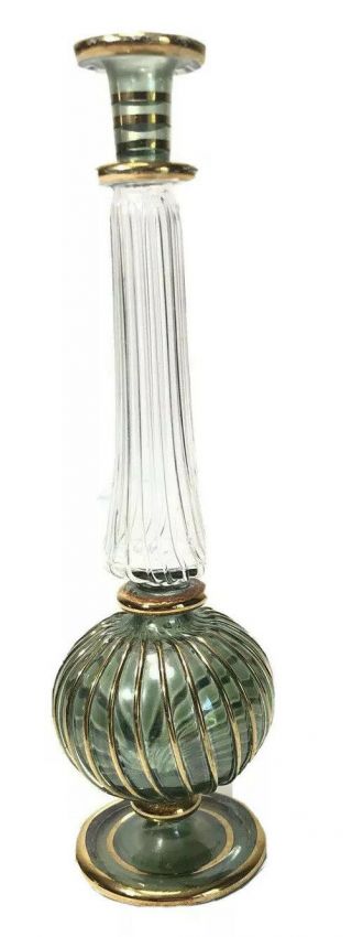Vintage Egyptian Blown Glass Vase / Perfume Bottle.  Green W/ Gold,  7.  5” Egypt