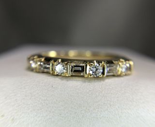Vintage 18k Yellow Gold Round Brilliant Baguette Cut Diamond Wedding Stack Ring
