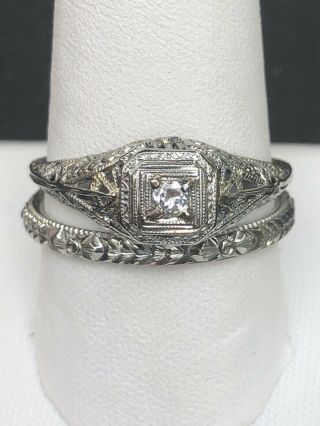 Antique Art Deco 18 Kt White Gold Platinum Diamond Ring And Band Set Size 10