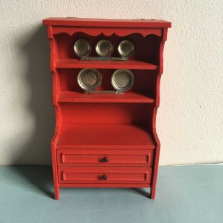 Vtg Lundby Doll House Red Wooden Sideboard China Cabinet With Plates