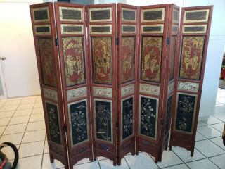 Rare Antique Chinese Wooden Gilt 5 Panels Screen/room Divider
