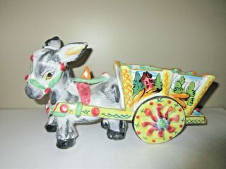 Vtg Italian Pottery Donkey & Cart Planter Colorful Mule Large 11.  5 " Long Italy