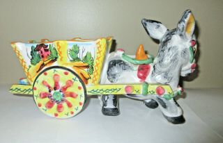 Vtg Italian Pottery Donkey & Cart Planter Colorful Mule Large 11.  5 