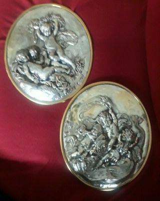 Set Of 2 Antique French Oval Cherub Silver Pictures Plaques