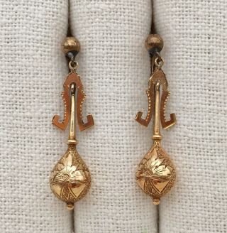 Antique 14k Gold Victorian Dangle Earrings Floral Etched Screwbacks
