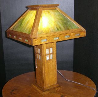 Mission Oak Wood Arts And Crafts Slag Glass Table Lamp 21 " High,  Shade 13 1/4 "