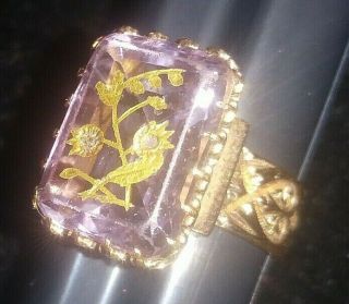 Ladies Antique 14k Yellow Gold Ring With Gold Leaf On Amethyst Detailed Setting
