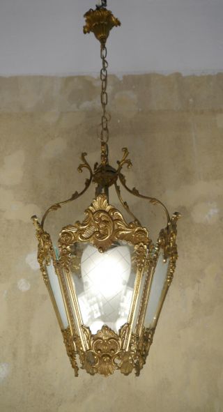 Old Brass Hanging Lantern Chandelier Lamp Cut Satin Glass Lustre