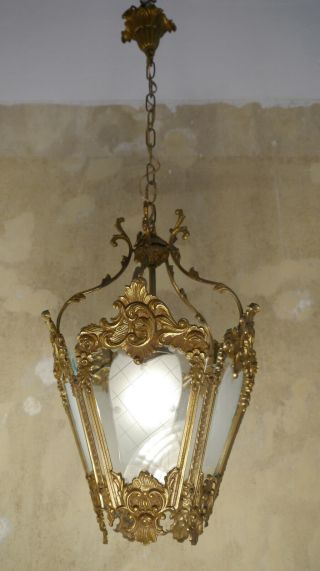 OLD BRASS HANGING LANTERN CHANDELIER LAMP CUT SATIN GLASS LUSTRE 2