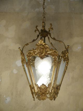 OLD BRASS HANGING LANTERN CHANDELIER LAMP CUT SATIN GLASS LUSTRE 3