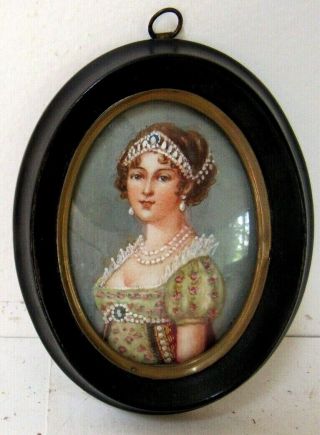 Antique 19 C Miniature Hand Painted Portrait Of A Nobel Lady