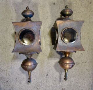 Large Pair Vintage Brass & Beveled Glass Carriage Lanterns Sconce Light Fixtures