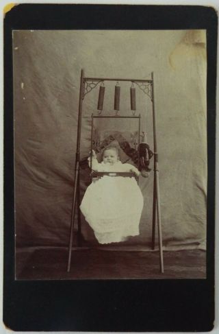 Antique/vintage Circa 1900 Cabinet Card Photograph On Mat Baby In Swing W/doll