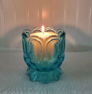 Vtg L E Smith Blue Moon & Stars Romance Light Pillar Candle Jar Holder 5 " X 4.  75
