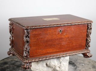 Antique Anglo Chinese Hardwood Box With Carved Dragons And Feet Export Silver