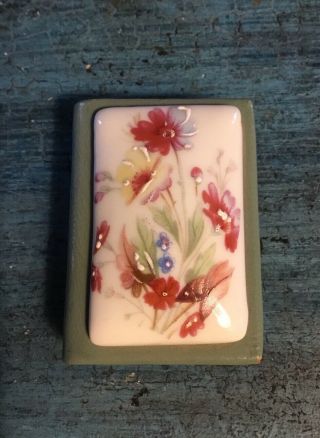Antique Leather Match Box With Hand painted Porcelain Lid And Handmade Matches 2