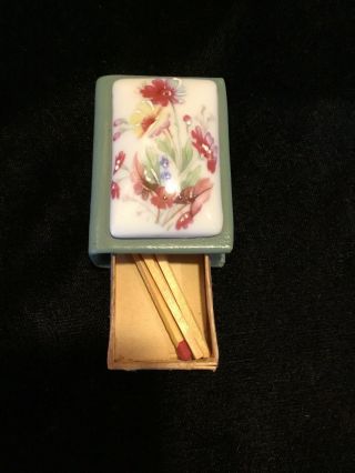 Antique Leather Match Box With Hand painted Porcelain Lid And Handmade Matches 3
