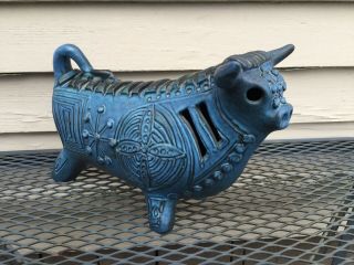 Vintage Gus Mclaren Mid Century Art Pottery Bull,  Ceramic Blue Bull,