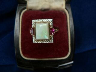 Antique Art Deco 10 K Gold Opal Ruby Ring Sz 7