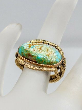 Antique 1950s Etruscan 10ct Natural Turquoise Gem 14k Yellow Gold Band Ring Rare