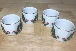 Vintage Porcelain Christmas Holly Berry Napkin Rings Set Of 4 Made In Japan
