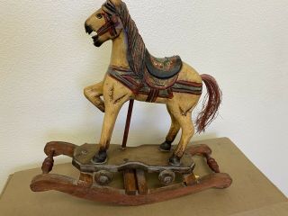 Antique Hand - Carved Wooden Rocking Horse Painted Vintage Pony