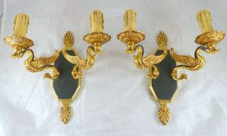 Vintage 2x French Empire Pair Sconces Rare Swans Wall Light Gilded Bronze 1960