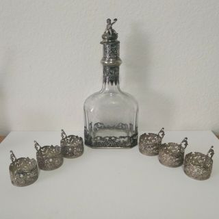 Antique German Silver Mounted And Etched Glass Liquor Decanter & Goblet Set